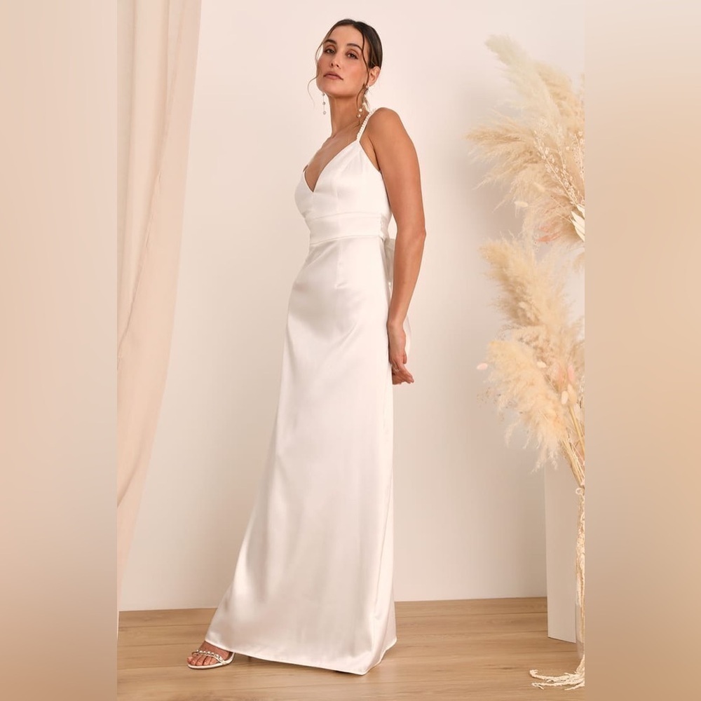 NWOT Lulus Ready For Forever White Satin Pearl Tie-Back Maxi Dress - Picture 3 of 9
